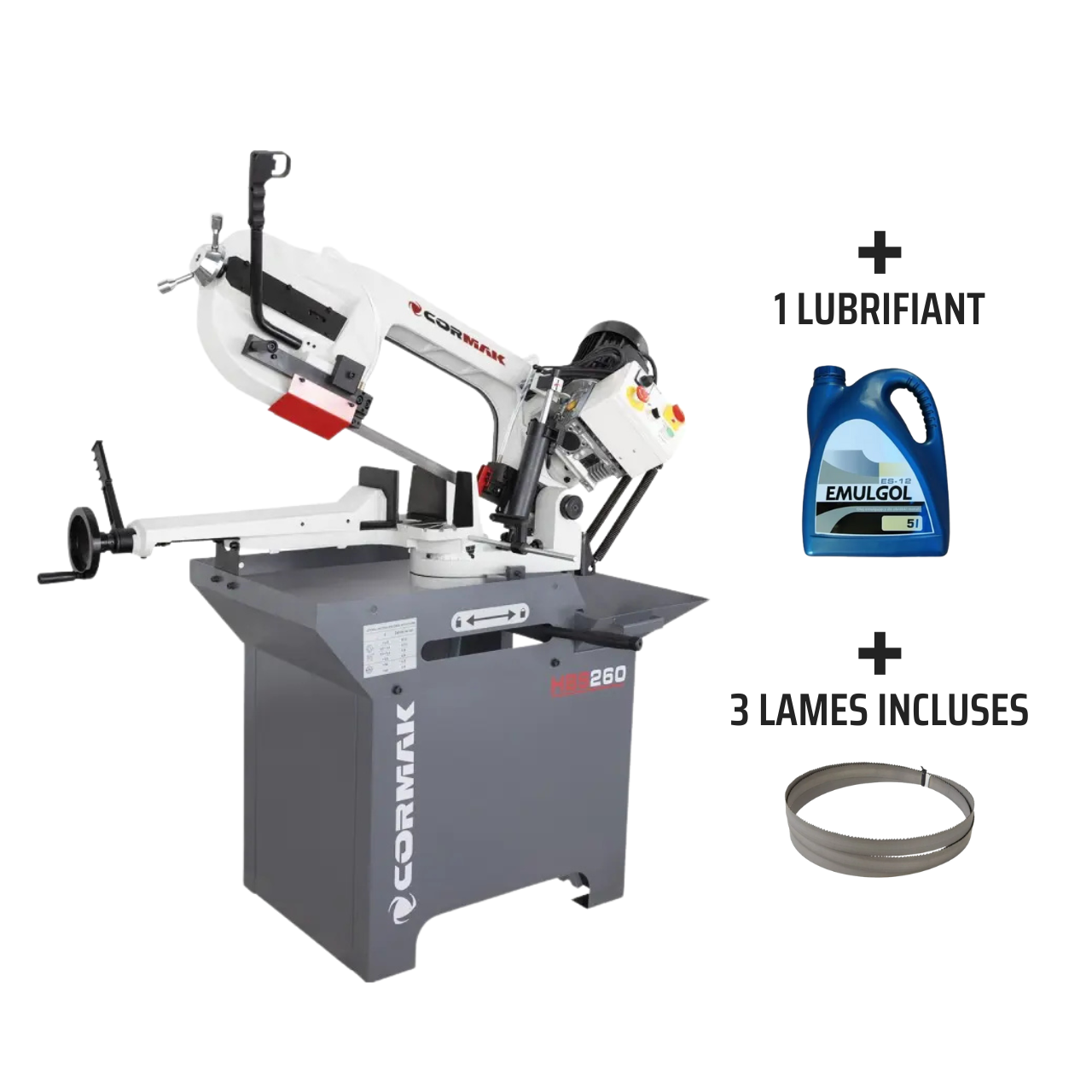 Pack Scie à ruban à métaux Cormak HBS260 - 400V + 3 lames + 1 lubrifiant